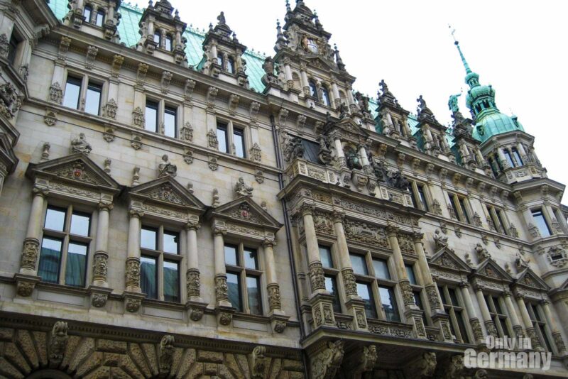 A close of of a building in Hamburg, showing beautiful old architecture, typical for Germany. 