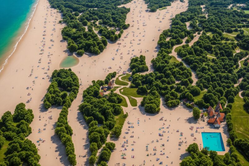 Bird view from very high up of a nudist beach in Germany. There is the sea, the beach and some green trees, a pool close by a big house.