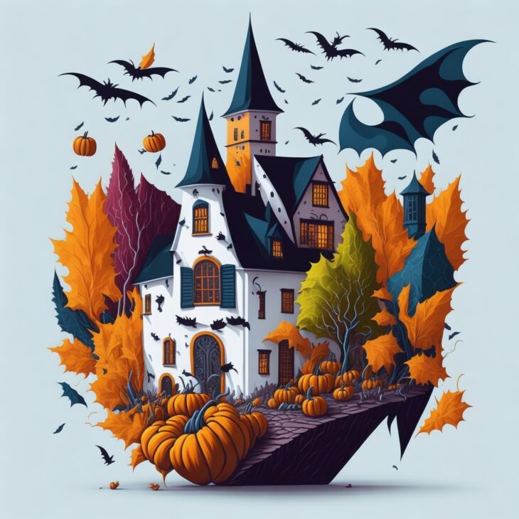 Halloween in Germany represented by a traditional German house, pumpkins and flying bats.